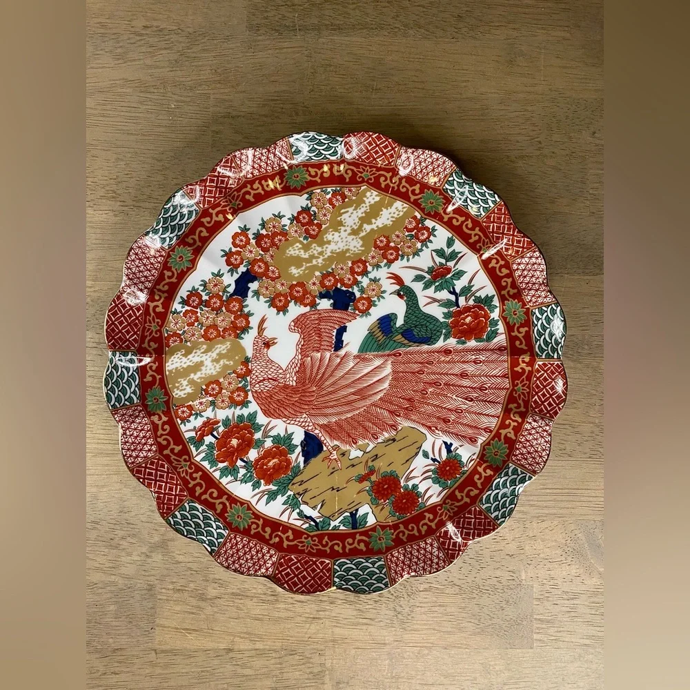 Vintage Arita Imari Japan Peacock Scalloped Serving Platter‎ Plate